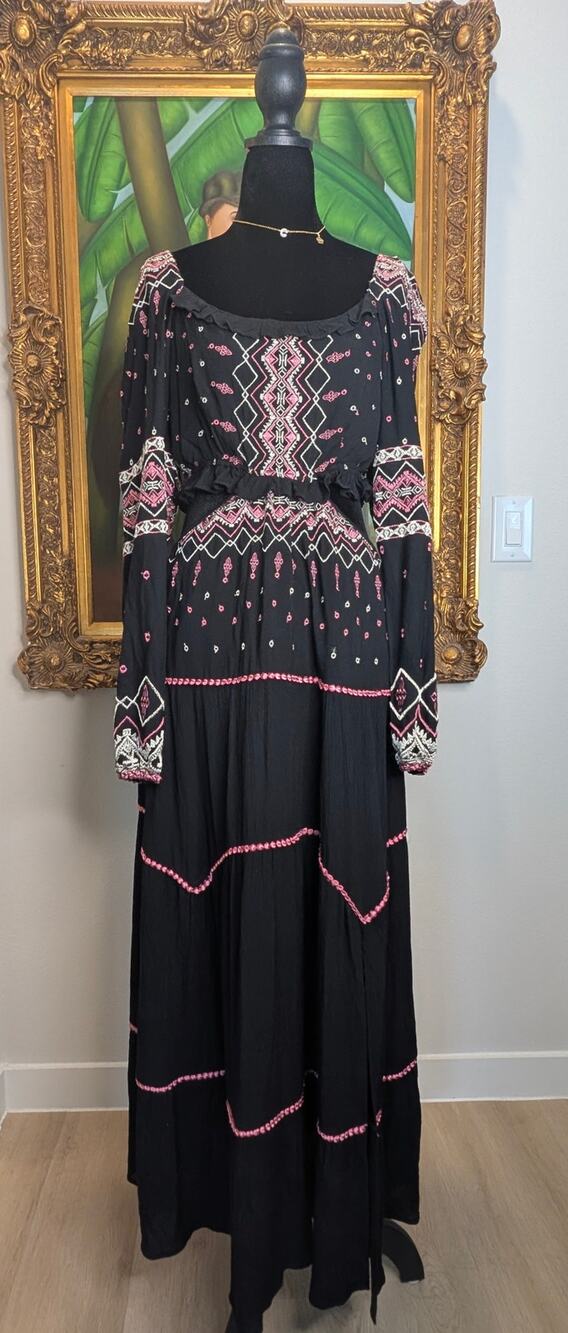 Hale Bob M Black Viscose Embroidered Cutout Back Tiered Maxi Dress Boho Festival